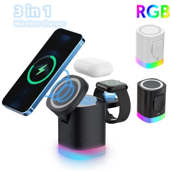 3-in-1 Magnetic Wireless Charger with RGB Light – For iPhone, AirPods & iWatch